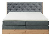 Boxspringbett mit grauem, gestepptem Kopfteil und Holzrahmen, Frontalansicht