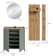 Maßgrafik eines Möbelsets: runder Wandspiegel (Ø 70 cm, Tiefe 6 cm) sowie Garderobenpaneel aus Holz (160 x 50 cm, Tiefe 6 cm) mit Haken und Ablage (48 x 13 cm) und ein grüner Schuhschrank (B 90 cm, H 97 cm) mit geöffneten Türen; Ansicht frontal sowie Seit