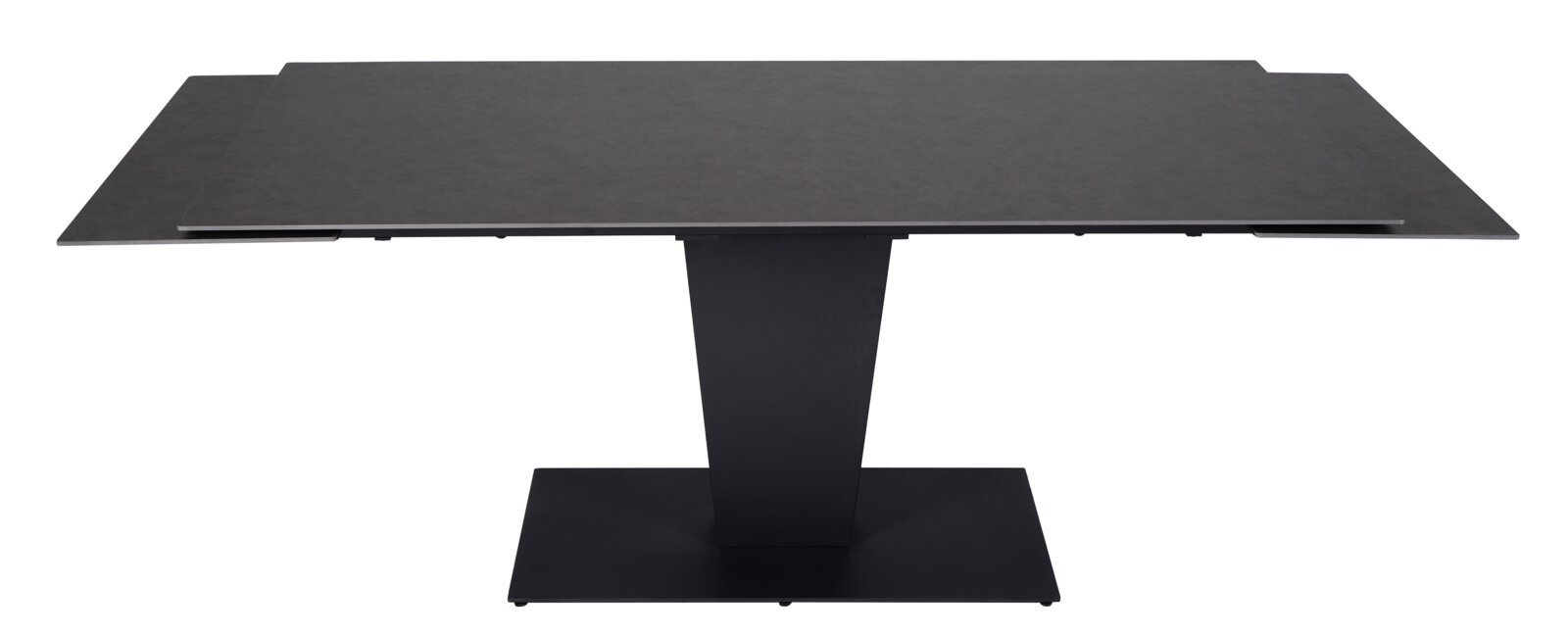 Moderne zwarte eettafel met rechthoekig tafelblad en centrale poot, gezien van voren.