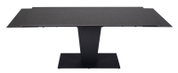 Moderne zwarte eettafel met rechthoekig tafelblad en centrale poot, gezien van voren.