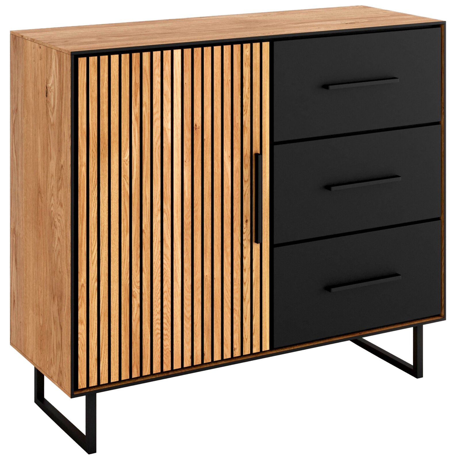 Modern dressoir met houten lamellen en zwarte lades, zijaanzicht