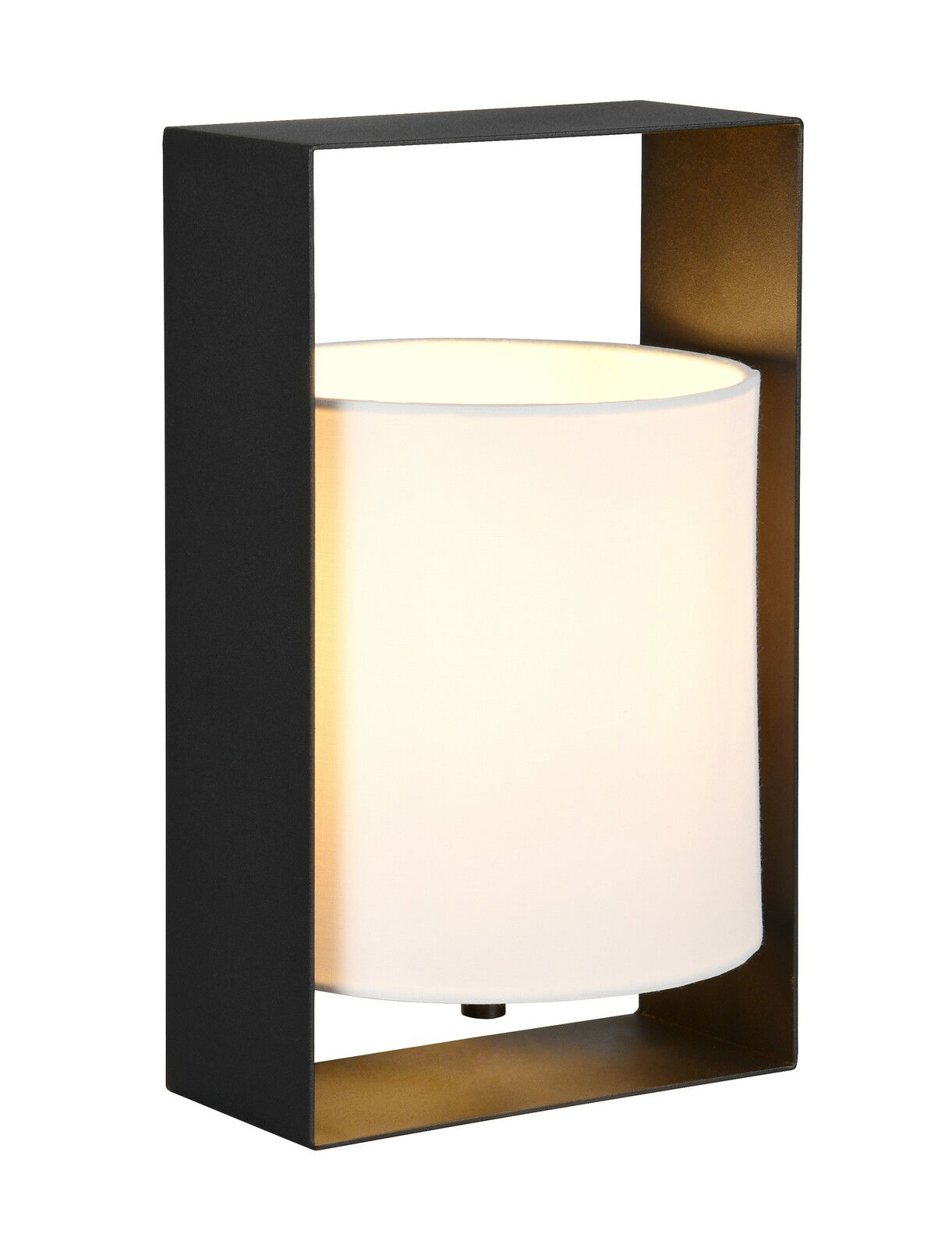 Moderne Tischleuchte mit rechteckigem schwarzen Rahmen und zylindrischem weißen Lampenschirm, seitliche Perspektive