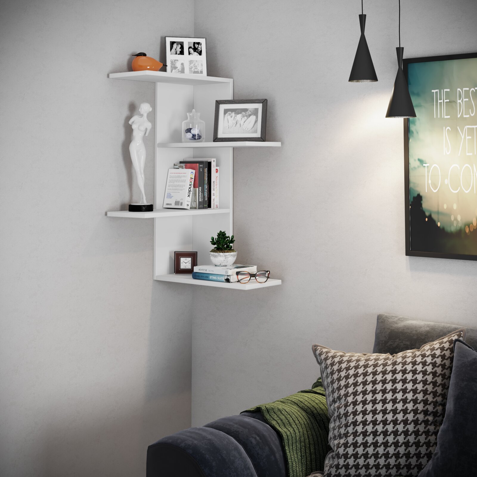 Modernes weißes Eck-Wandregal mit mehreren Ablageflächen, dekoriert mit Büchern, Bilderrahmen, Pflanze und Figur; perspektivische Ansicht schräg von vorne im Wohnraum.