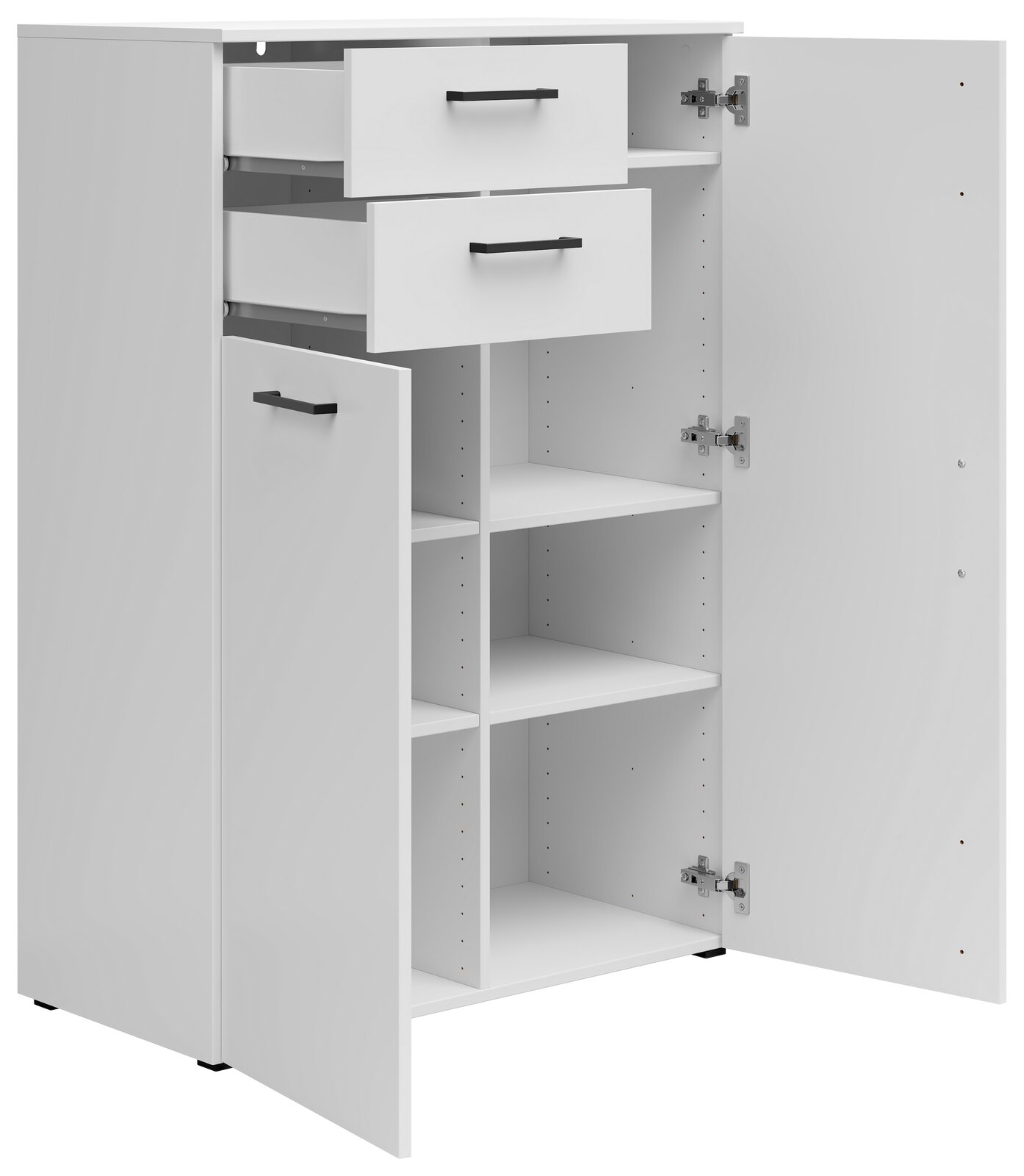 Weiße Kommode mit zwei offenen Schubladen und zwei geöffneten Türen, die mehrere Regalfächer zeigen, Perspektive von vorne links