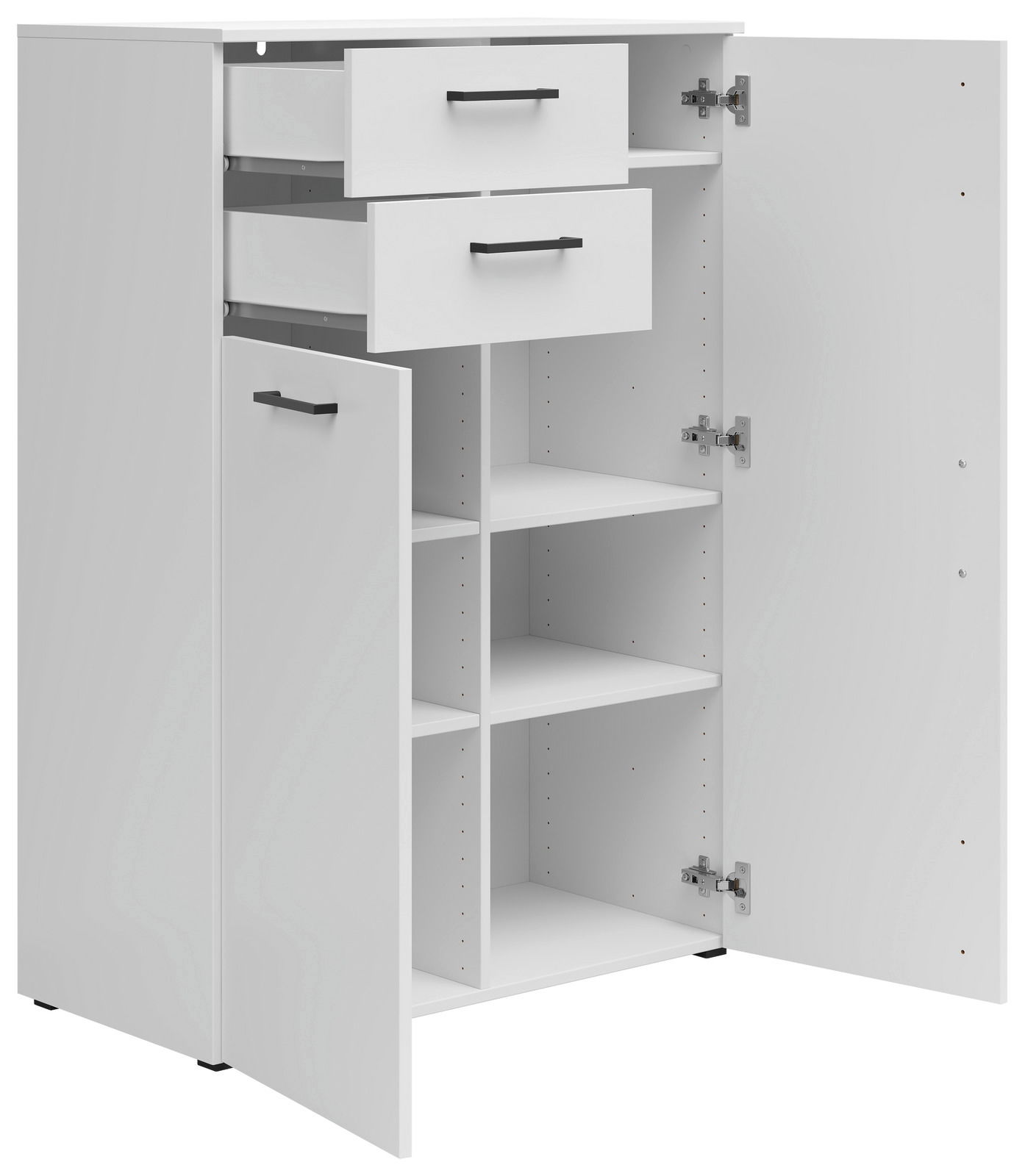 Weiße Kommode mit zwei offenen Schubladen und zwei geöffneten Türen, die mehrere Regalfächer zeigen, Perspektive von vorne links