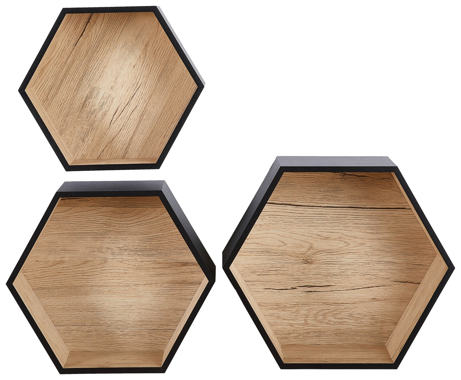 Dreiteiliges Wandregal-Set in sechseckiger Form aus Holz mit schwarzem Rand, frontal betrachtet.