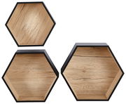 Dreiteiliges Wandregal-Set in sechseckiger Form aus Holz mit schwarzem Rand, frontal betrachtet.