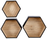 Dreiteiliges Wandregal-Set in sechseckiger Form aus Holz mit schwarzem Rand, frontal betrachtet.