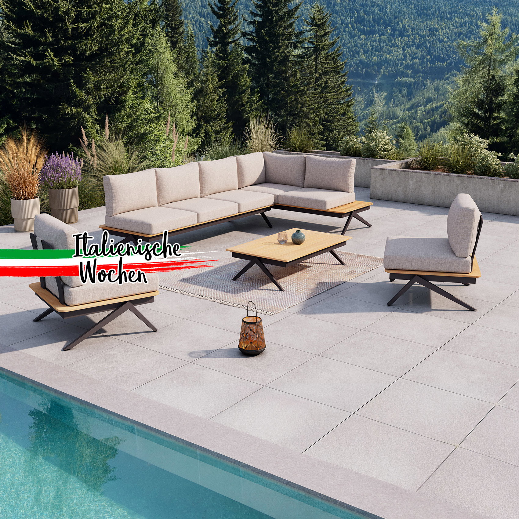 Moderne Gartenlounge mit Ecksofa, Sesseln und Tisch auf Terrasse am Pool, Berglandschaft im Hintergrund