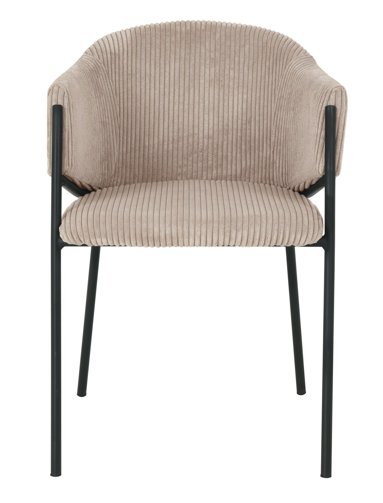 Frontansicht eines Armlehnstuhls mit geripptem, beigem Stoffbezug und schwarzen Metallbeinen.