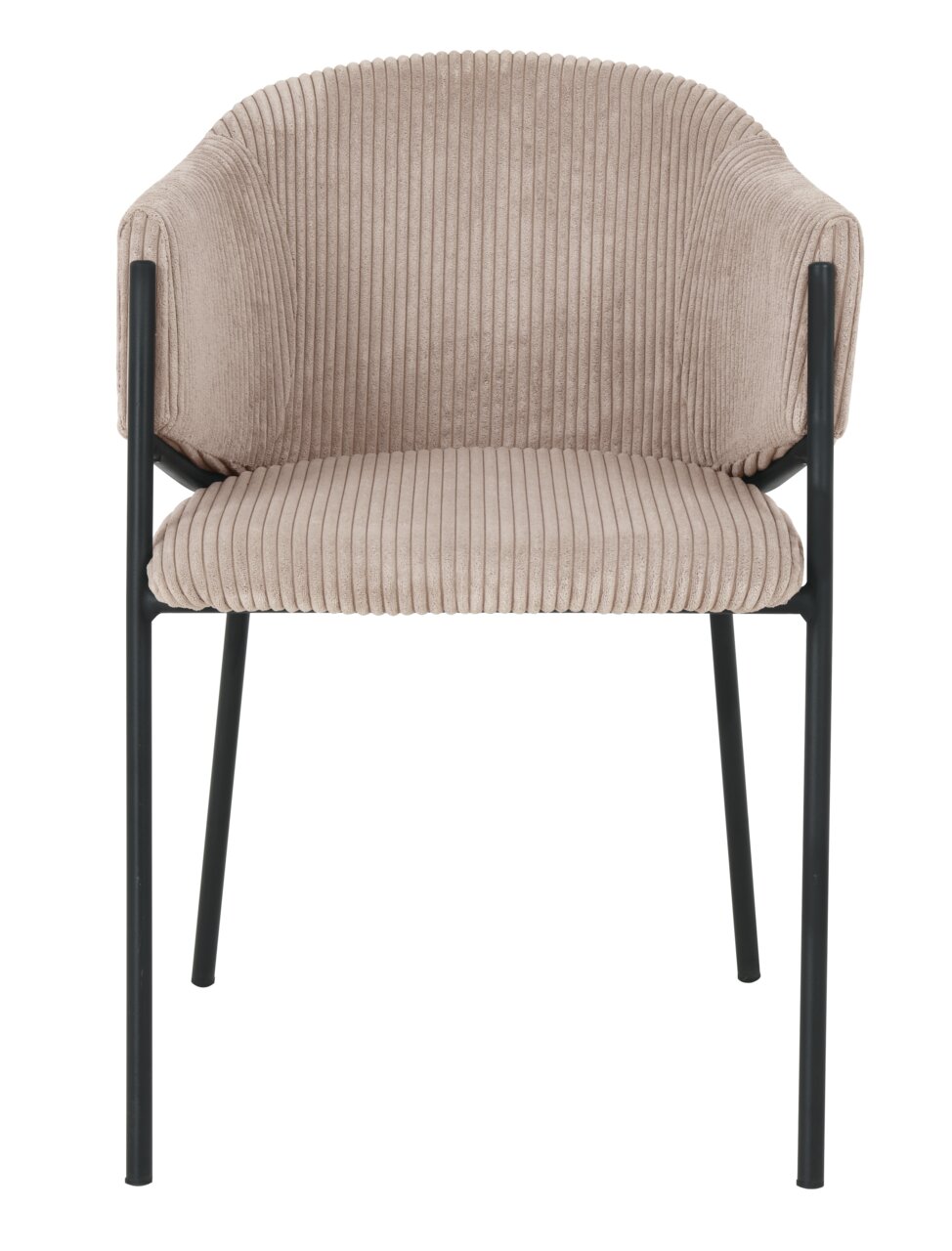 Vooraanzicht van een fauteuil met geribbelde, beige stoffen bekleding en zwarte metalen poten.