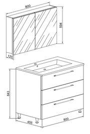 Technische Zeichnung eines 80 cm breiten Badmöbel-Sets mit Spiegel-/Spiegelschrank (800×594×120 mm) und Waschtischunterschrank mit drei Schubladen und integriertem Waschbecken (800×843×455 mm), perspektivische Frontansicht schräg von oben