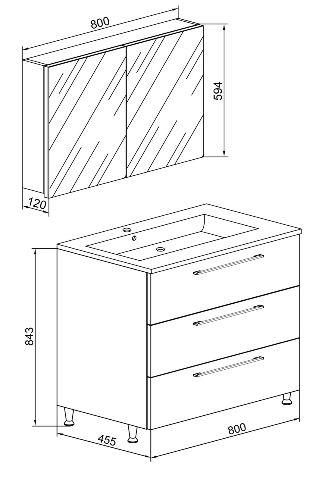 Technische Zeichnung eines 80 cm breiten Badmöbel-Sets mit Spiegel-/Spiegelschrank (800×594×120 mm) und Waschtischunterschrank mit drei Schubladen und integriertem Waschbecken (800×843×455 mm), perspektivische Frontansicht schräg von oben
