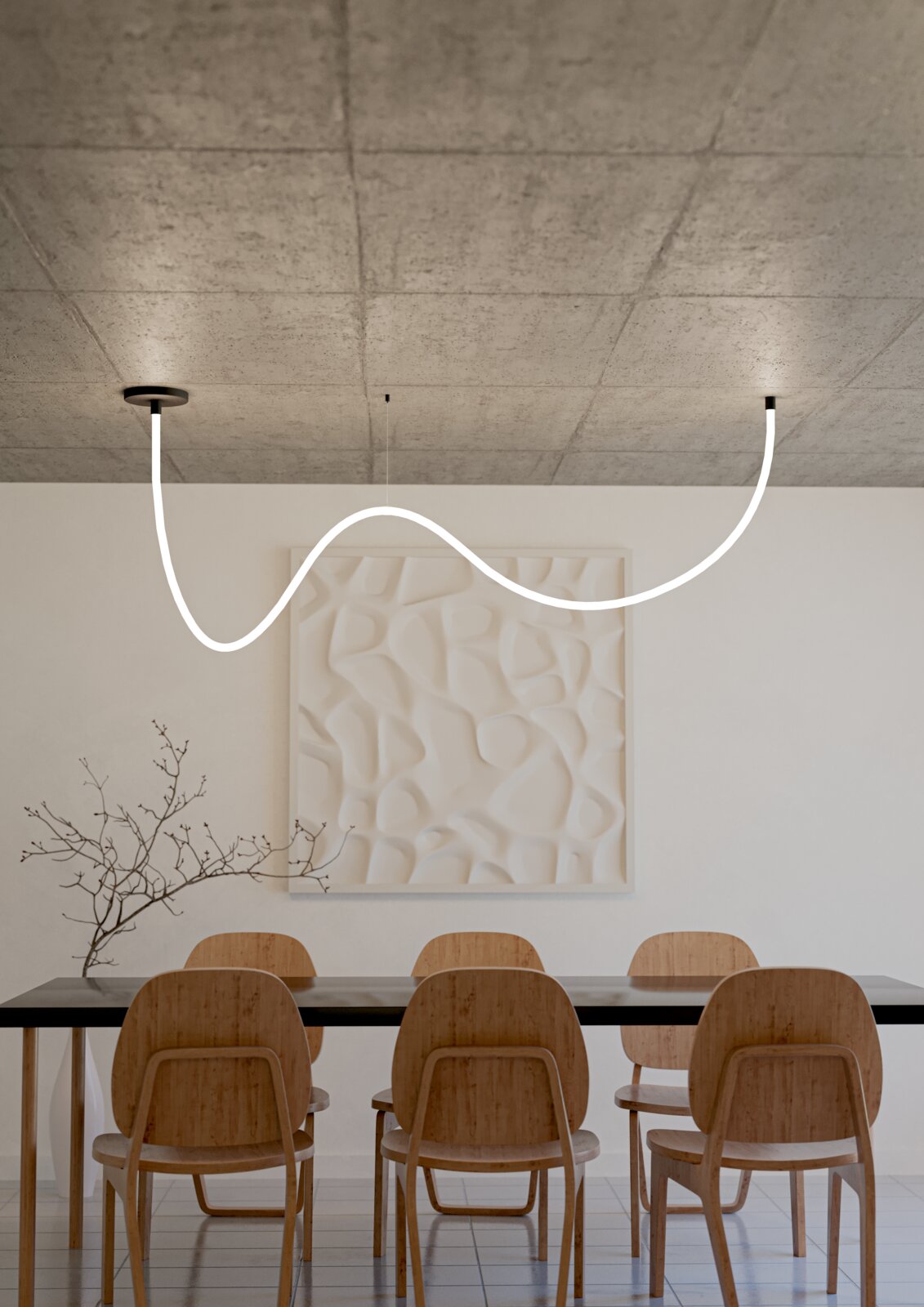 Moderne installatie met led-lichtslingers aan het plafond van een eetkamer, met een gebogen vormgeving en een minimalistische uitstraling, gezien vanuit de kamer.