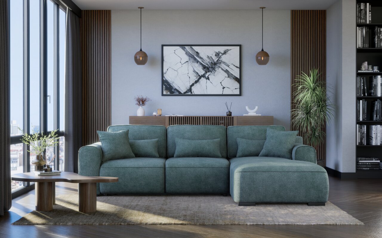 Grüne Rundecke (L) in einem modernen Wohnzimmer, frontal fotografiert, mit großen Fenstern, einem Couchtisch und dekorativen Elementen.