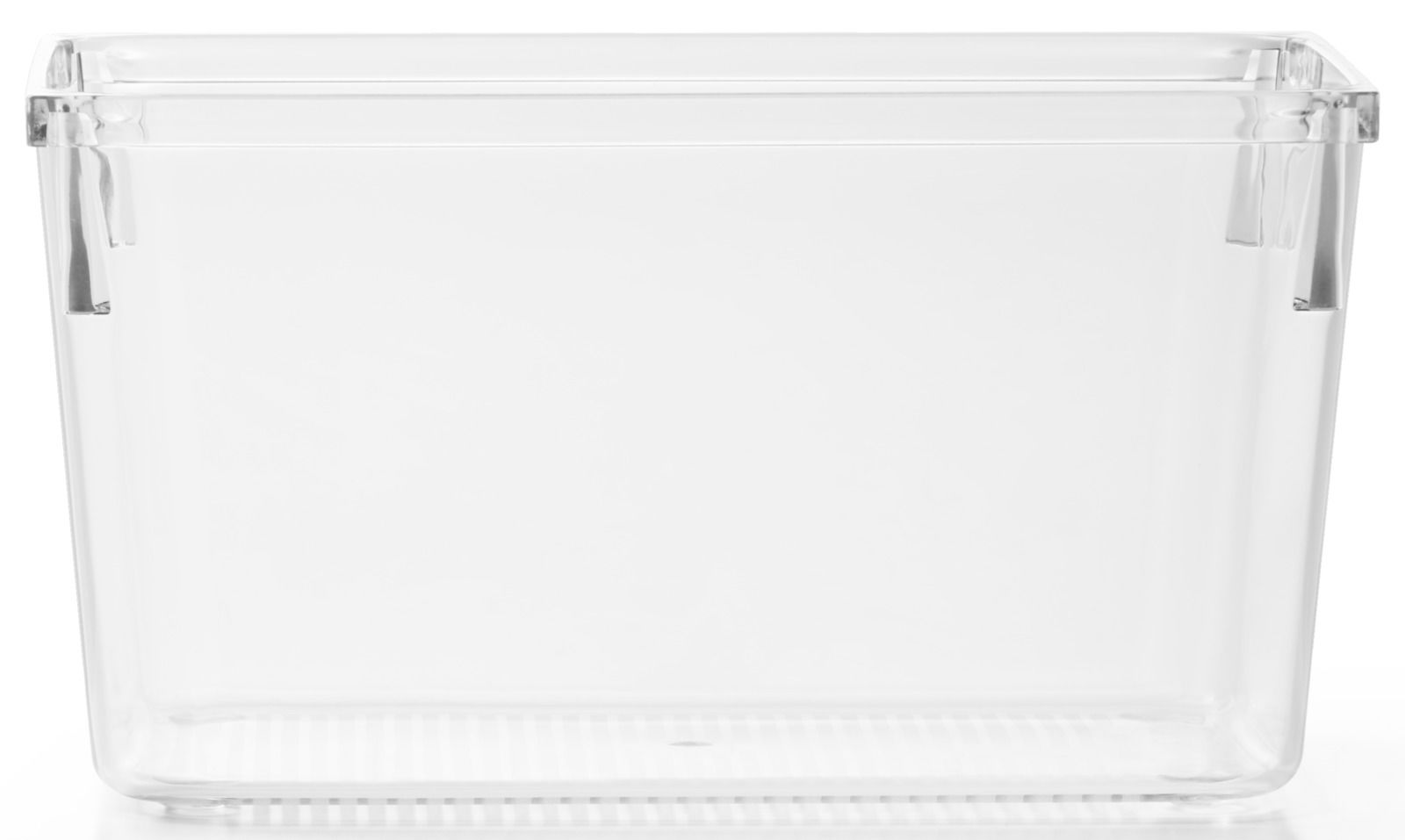 Transparente Kunststoffbox, frontal fotografiert, ideal zur Aufbewahrung von Gegenständen.