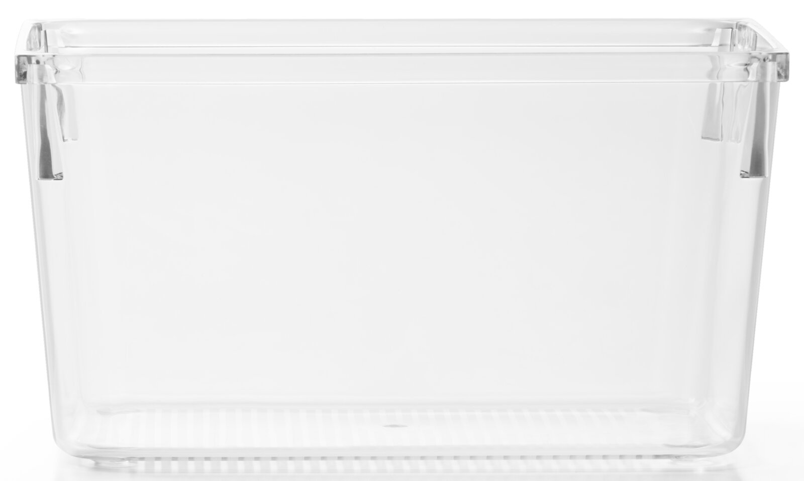 Transparente Kunststoffbox, frontal fotografiert, ideal zur Aufbewahrung von Gegenständen.