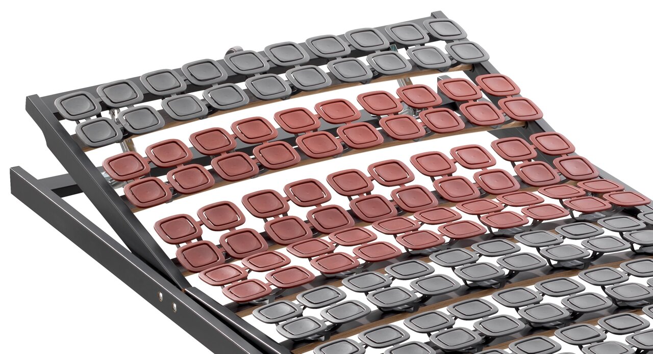 Federholzrahmen Flex KF in seitlicher Perspektive mit roten und grauen Federleisten.