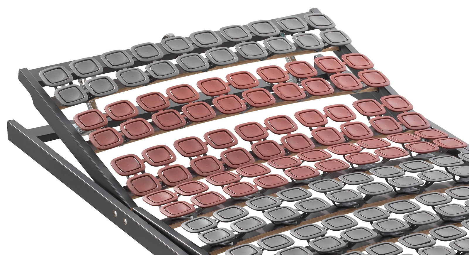 Dieter Knoll Federholzrahmen Flex KF TOPFORM Federholzrahmen Flex KF in seitlicher Perspektive mit roten und grauen Federleisten.