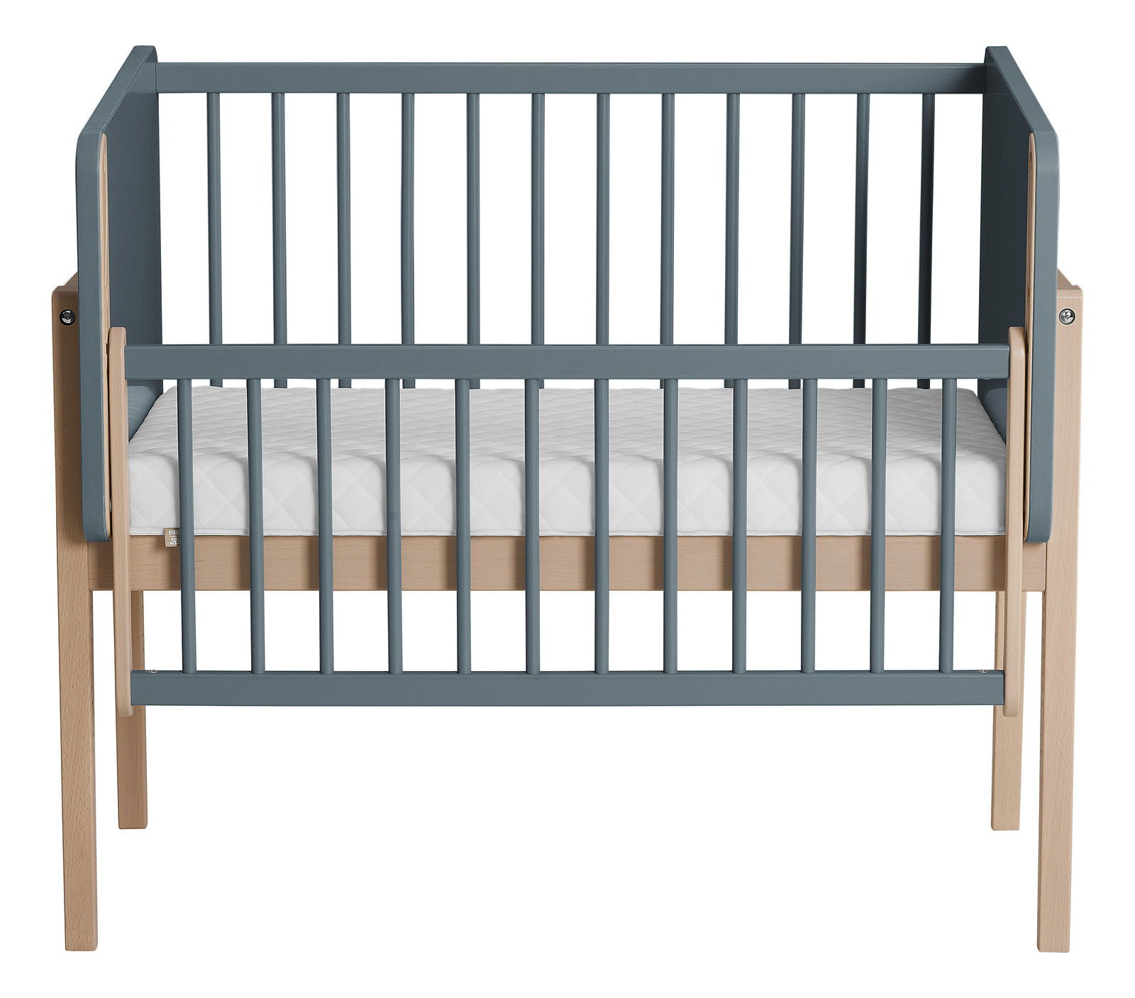 Anstellbett aus Holz mit grauen Gitterstäben, Vorderansicht