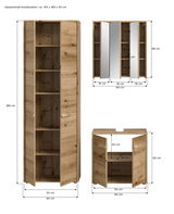 Badkombination aus Holz mit Hochschrank, Spiegelschrank und Unterschrank, Gesamtmaß ca. 143 x 189 x 34 cm, Frontalansicht