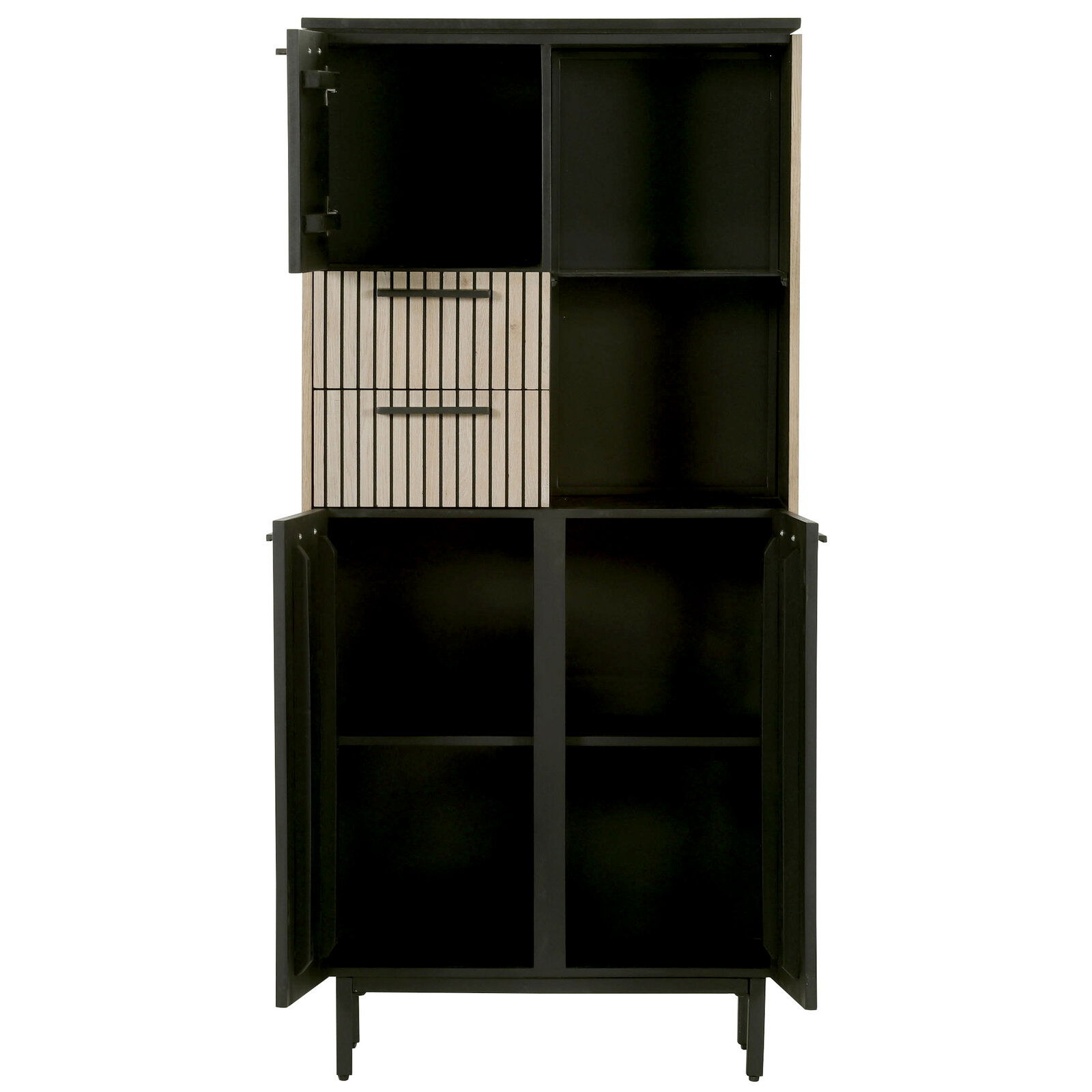 Vitrine mit offenen Türen und Fächern, Frontansicht