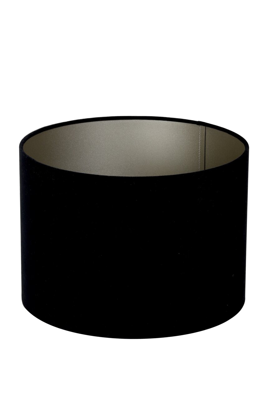 Schwarzer, zylindrischer Lampenschirm aus seitlicher Perspektive.