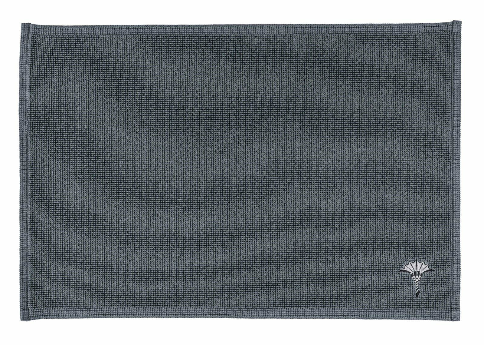 Grauer Badteppich 70 x 120 cm mit dezenter Struktur und kleinem dekorativen Muster in der Ecke, Draufsicht