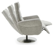 Grauer Relaxsessel mit verstellbarer Rückenlehne und Fußstütze, seitliche Perspektive