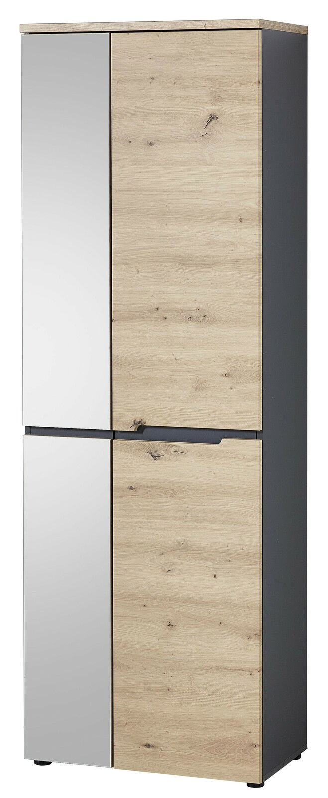 Garderobenschrank mit Holzoptik und Spiegeltür, frontal betrachtet