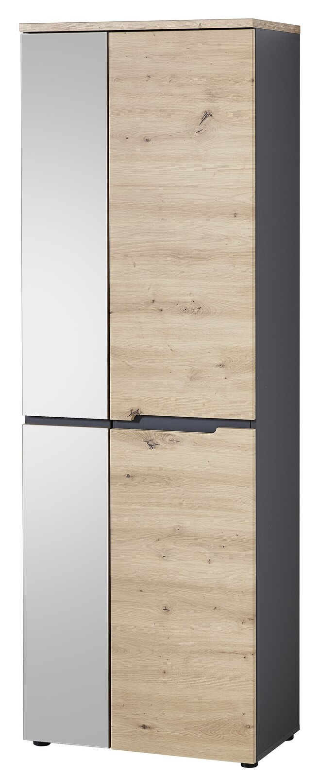 Garderobenschrank mit Holzoptik und Spiegeltür, frontal betrachtet