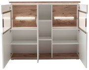 Geöffneter Wohnzimmerschrank/Sideboard in Weiß und Holzoptik mit Glasböden und integrierter Beleuchtung, Innenansicht von vorne (Frontalperspektive)