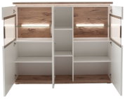 Geöffneter Wohnzimmerschrank/Sideboard in Weiß und Holzoptik mit Glasböden und integrierter Beleuchtung, Innenansicht von vorne (Frontalperspektive)