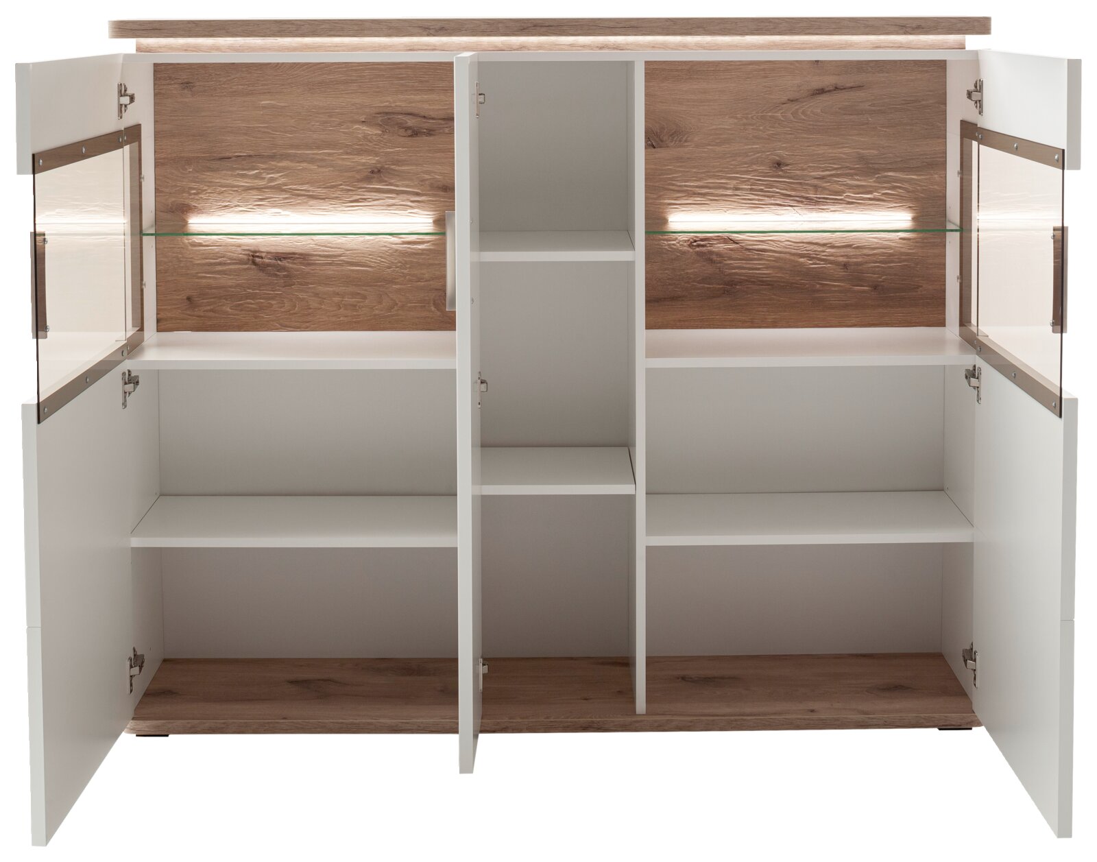 Geöffneter Wohnzimmerschrank/Sideboard in Weiß und Holzoptik mit Glasböden und integrierter Beleuchtung, Innenansicht von vorne (Frontalperspektive)