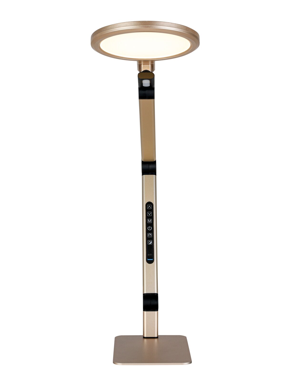 Moderne LED-Schreibtischlampe in Gold/Champagner mit rundem Leuchtkopf, Touch-Bedienfeld am Ständer und quadratischem Standfuß, frontal von vorne freigestellt auf weißem Hintergrund