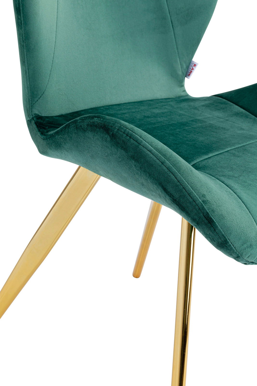 Grüner Samtstuhl mit goldenen Beinen, seitliche Perspektive