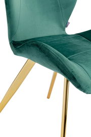 Grüner Samtstuhl mit goldenen Beinen, seitliche Perspektive