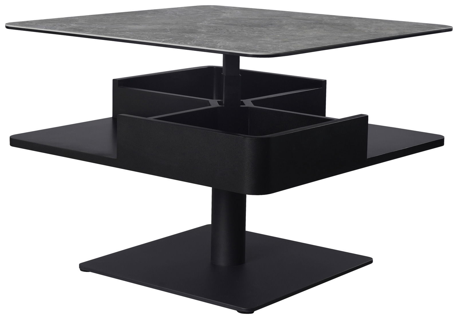 Moderner Couchtisch mit quadratischer Steinplatte und schwarzem Metallgestell, seitliche Perspektive