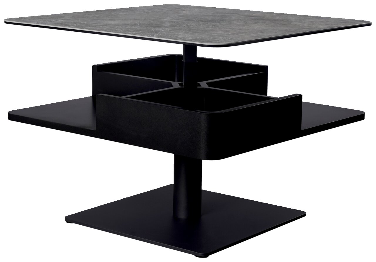 Moderner Couchtisch mit quadratischer Steinplatte und schwarzem Metallgestell, seitliche Perspektive