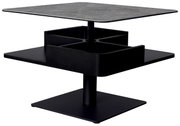 Moderner Couchtisch mit quadratischer Steinplatte und schwarzem Metallgestell, seitliche Perspektive