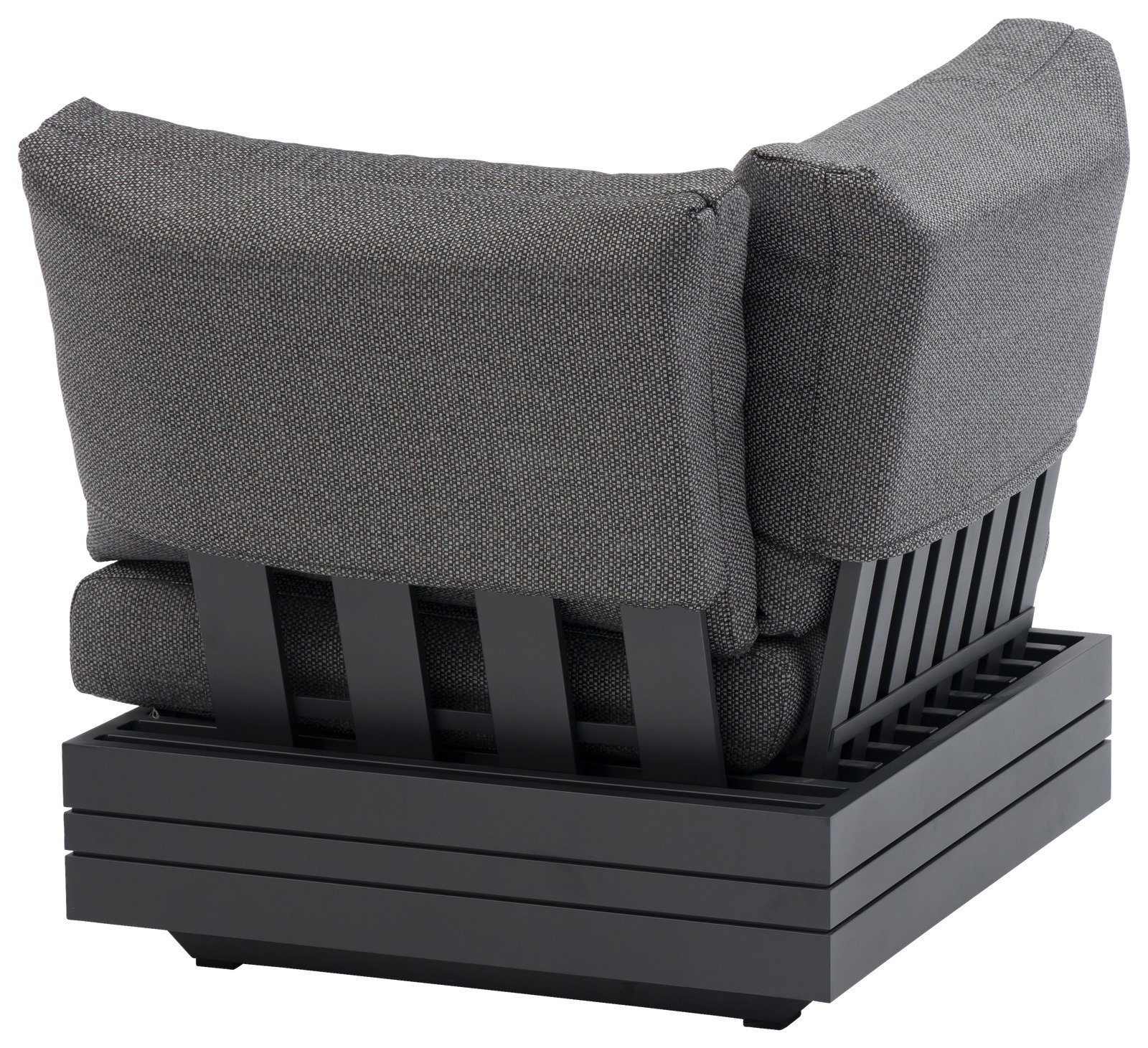 Rückansicht eines modernen Lounge Eckelements mit grauem Stoffbezug und schwarzem Metallrahmen.