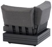 Rückansicht eines modernen Lounge Eckelements mit grauem Stoffbezug und schwarzem Metallrahmen.