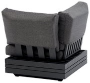 Achterkant van een moderne hoekbank met grijze stoffen bekleding en een zwart metalen frame.