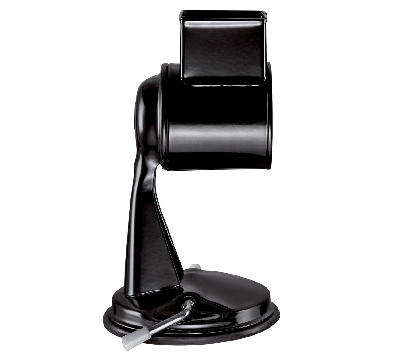 Schwarze Trommelreibe CLASSIC, Seitenansicht, mit Kurbel und stabilem Standfuß.