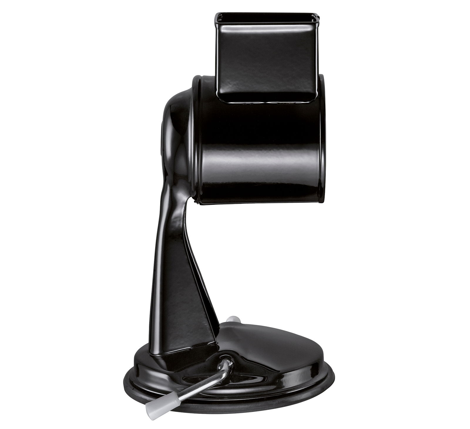 Schwarze Trommelreibe CLASSIC, Seitenansicht, mit Kurbel und stabilem Standfuß.