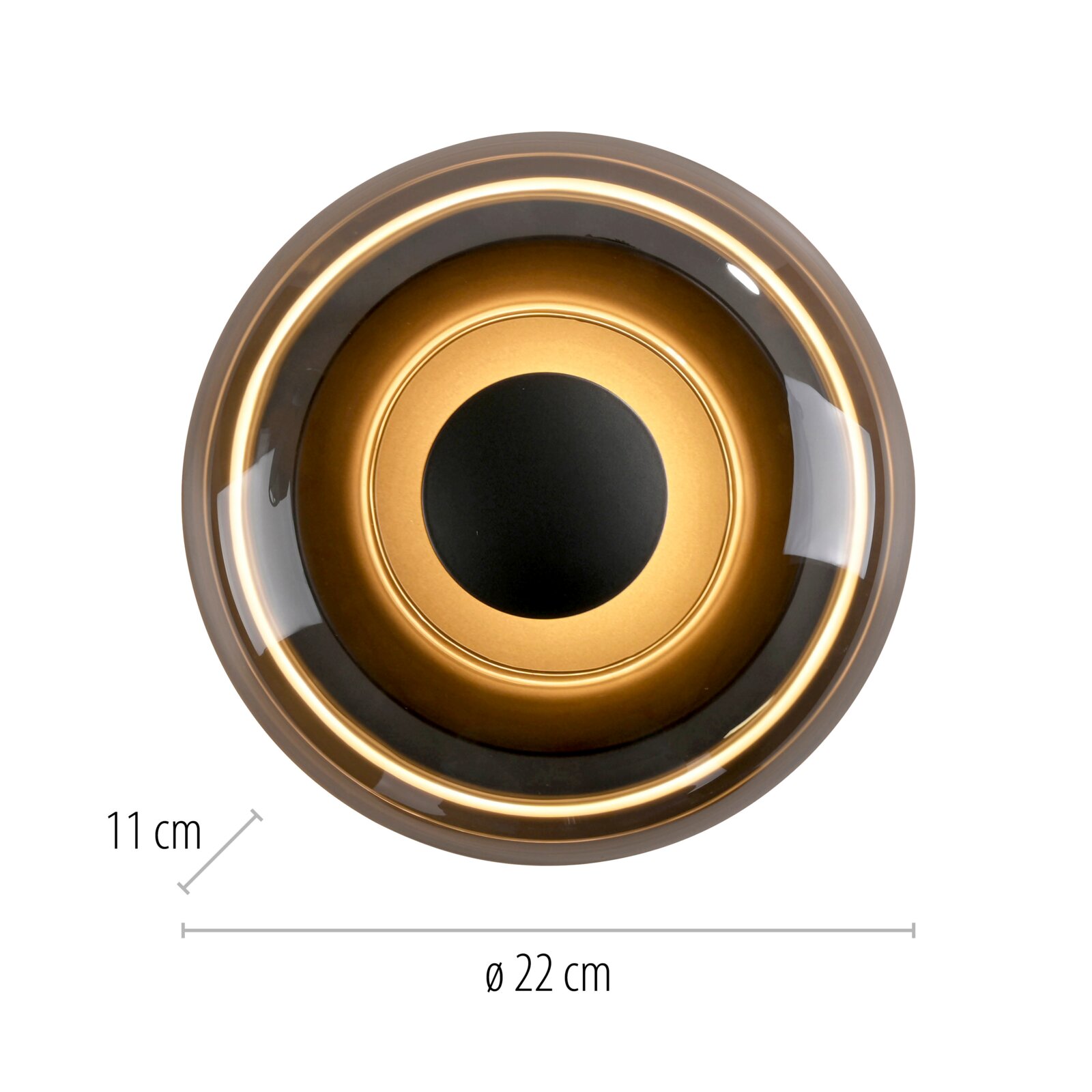 Runde Deckenleuchte in Schwarz und Gold mit LED-Lichtring, Draufsicht von oben, Durchmesser 22 cm, Höhe 11 cm