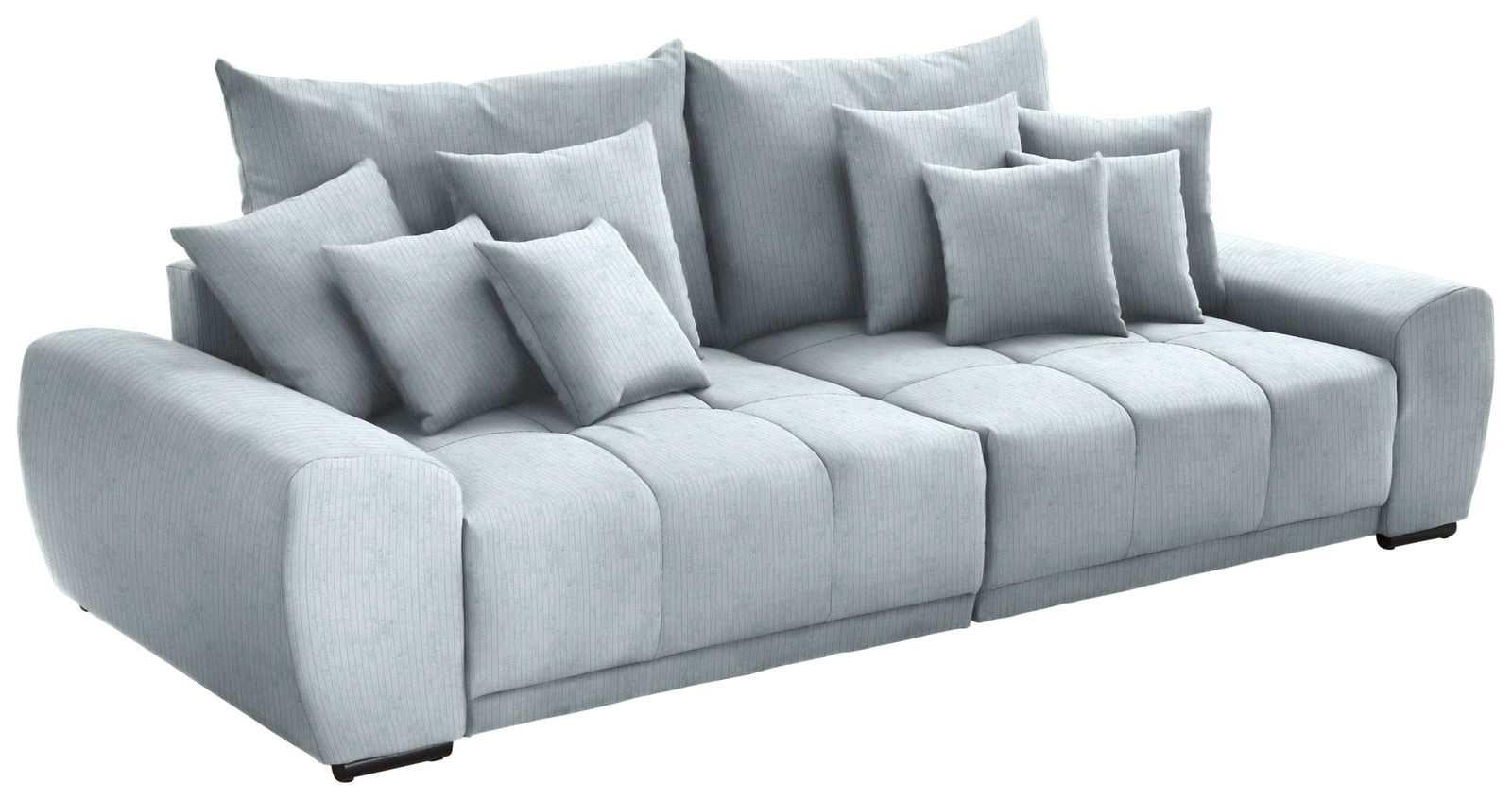 Großes, modernes Big-Sofa in hellgrauem Stoff mit mehreren Kissen, seitliche Perspektive