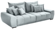 Großes, modernes Big-Sofa in hellgrauem Stoff mit mehreren Kissen, seitliche Perspektive