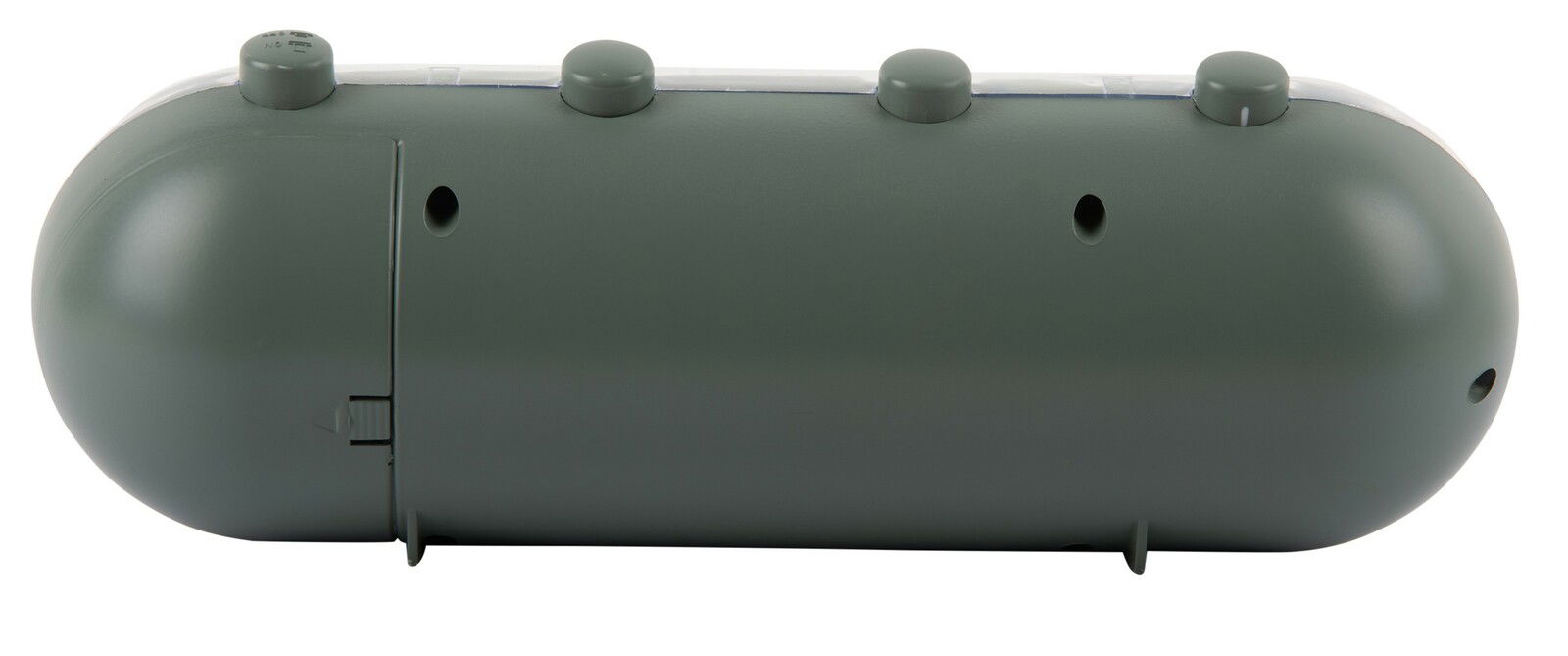 Rückansicht einer Tischuhr Kalender Flip in einem schlichten, modernen Design mit mehreren Knöpfen auf der Oberseite.