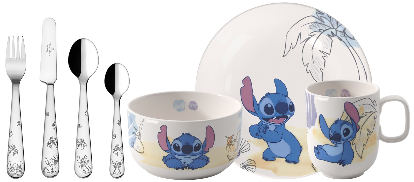 Villeroy & Boch Kindergeschirr Set 7tlg. DISNEY STITCH Disney Stitch Kinder-Geschirrset aus Porzellan mit Teller, Schüssel, Tasse und Besteck, weiß mit blauem Stitch- und Muschel-/Palmenmotiv, frontale Ansicht leicht von oben